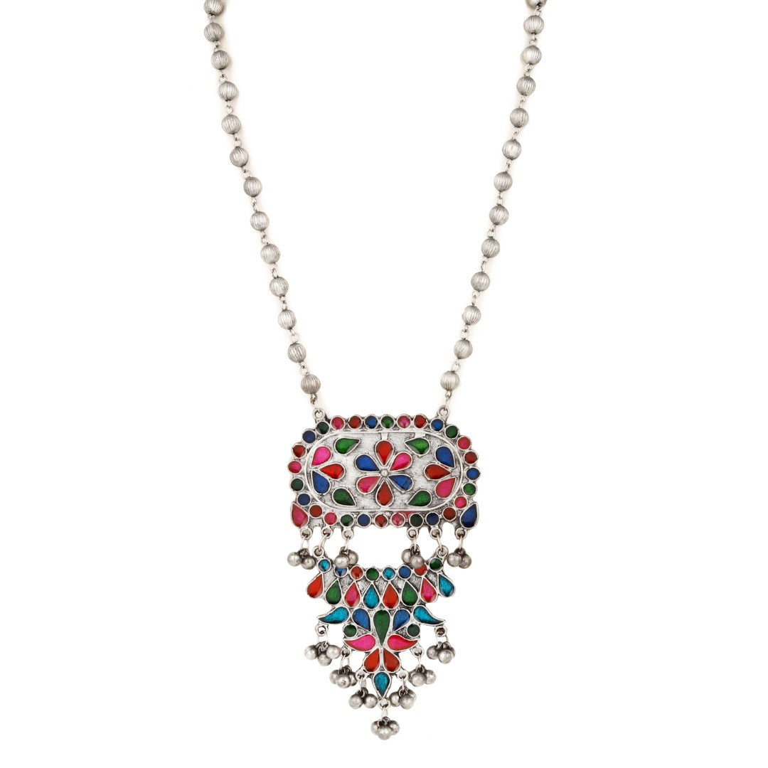 Silver Oxydised finish Pendant necklace set with colourful Meenakari