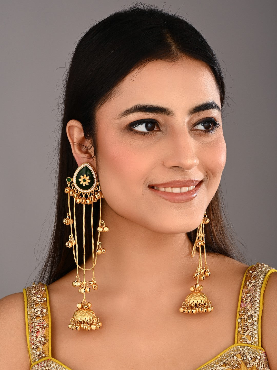 Gold Green Meenakari Jhumka Drop Earrings