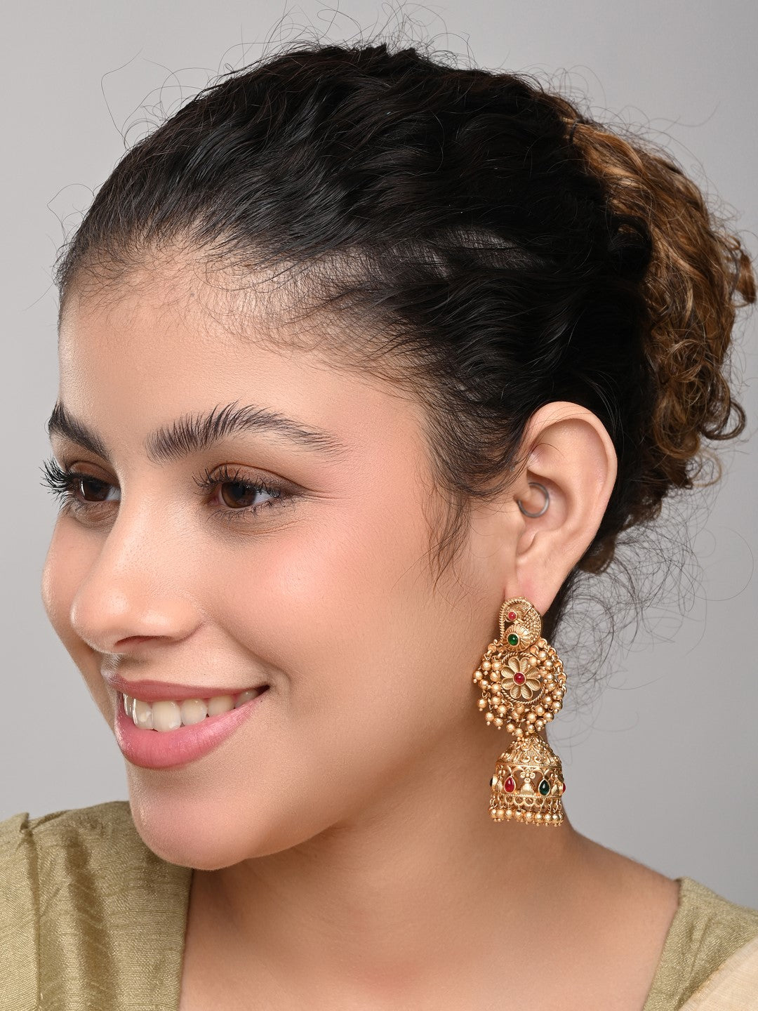 Gold plated temple bird & jhumka earring