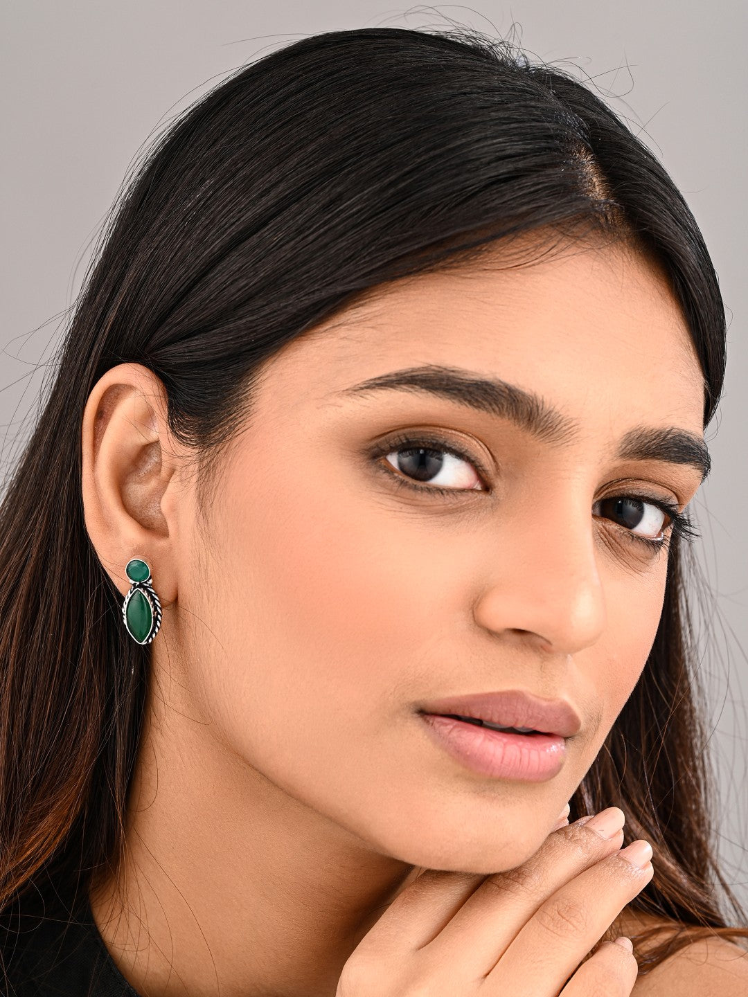 Silver-Tone Green Stone Statement Earring