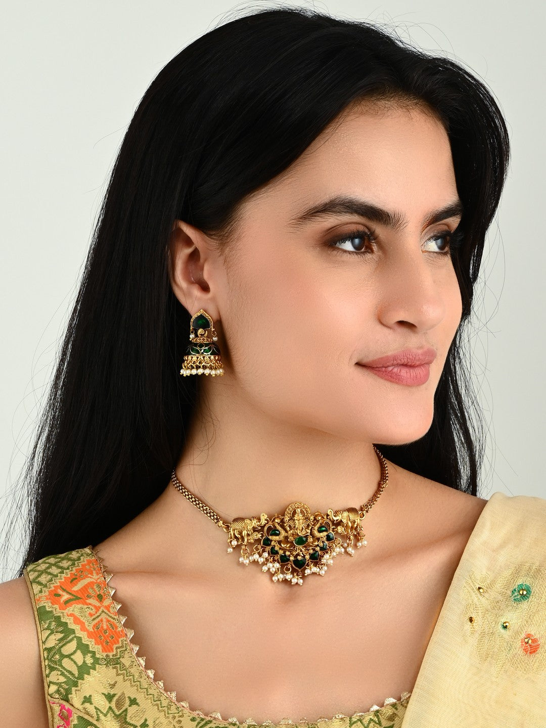 Traditional Temple Lord ganesha Necklace Set with Earrings Green