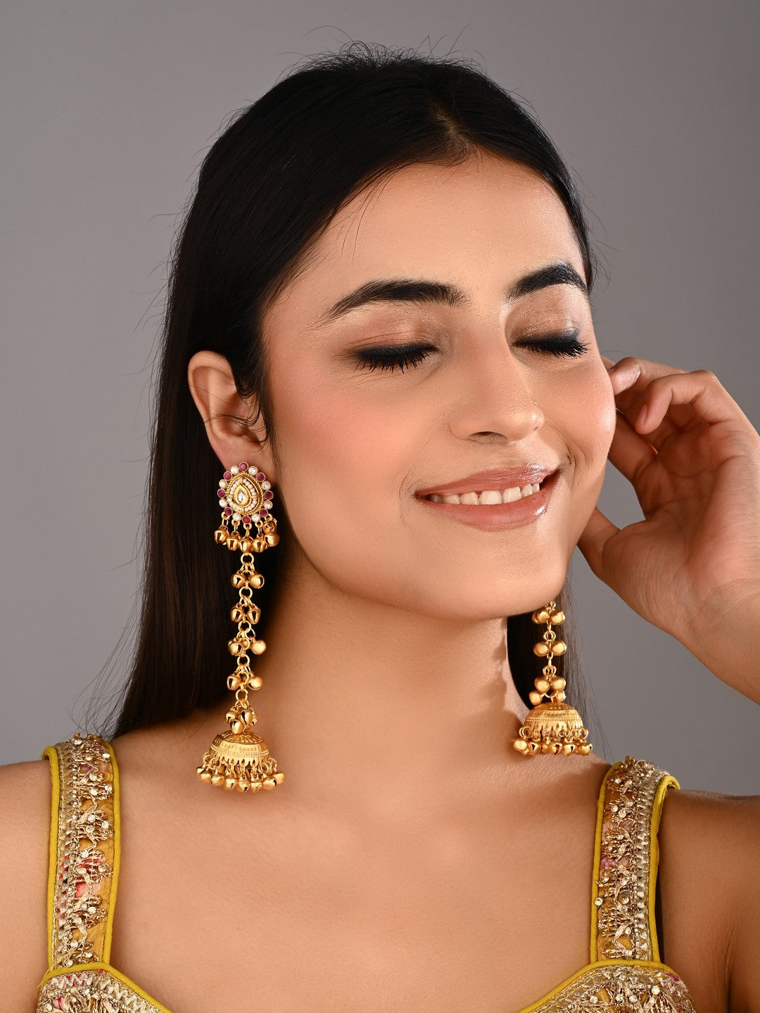 Kashmiri Long drop Jhumka Earring - Ruby