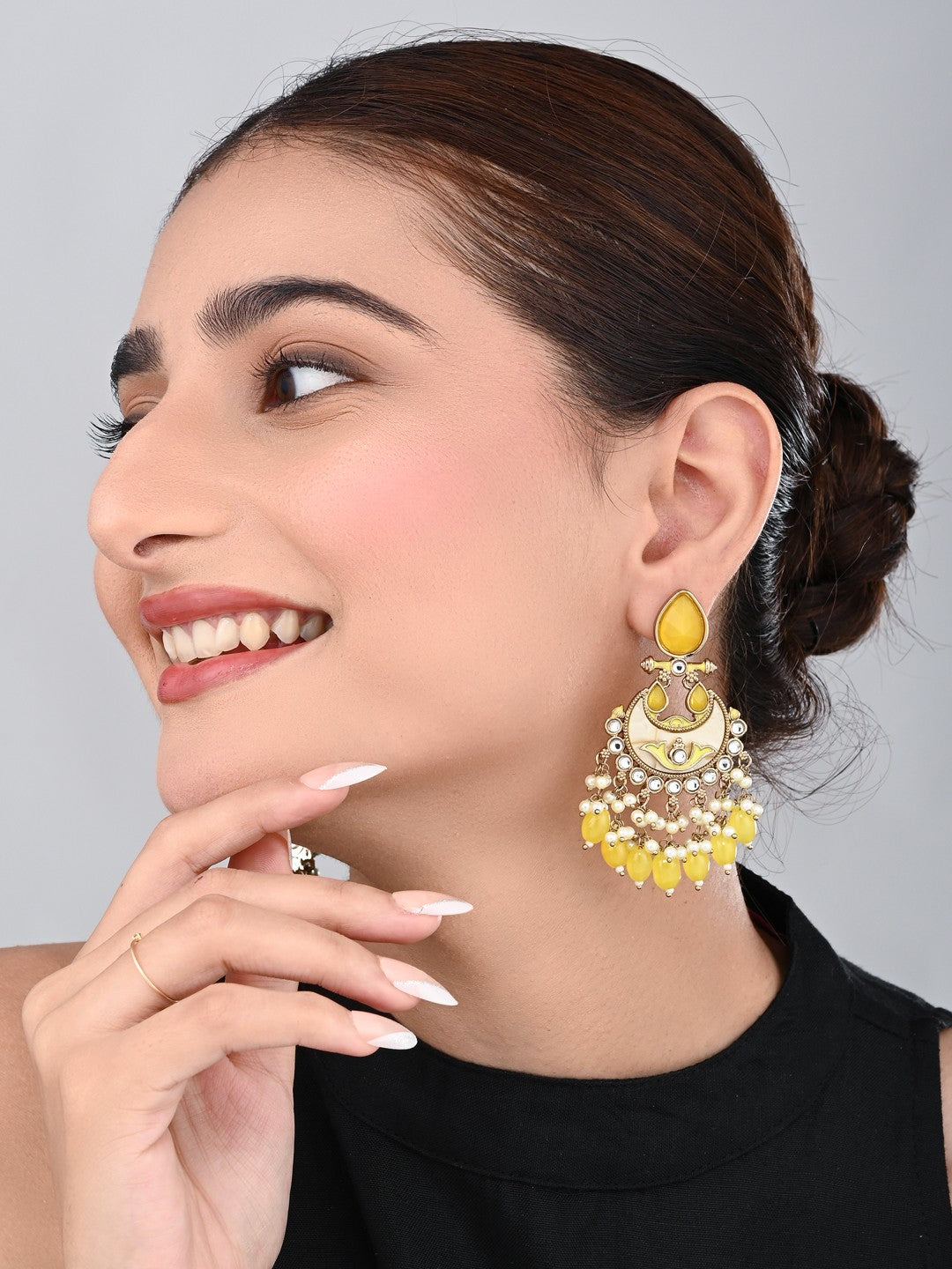 Gold-Plated Meenakari Chandbali Earrings with Kundan & Pearl Drops - Yellow