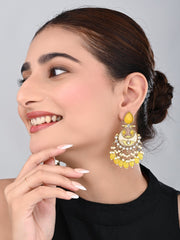 Gold-Plated Meenakari Chandbali Earrings with Kundan & Pearl Drops - Yellow