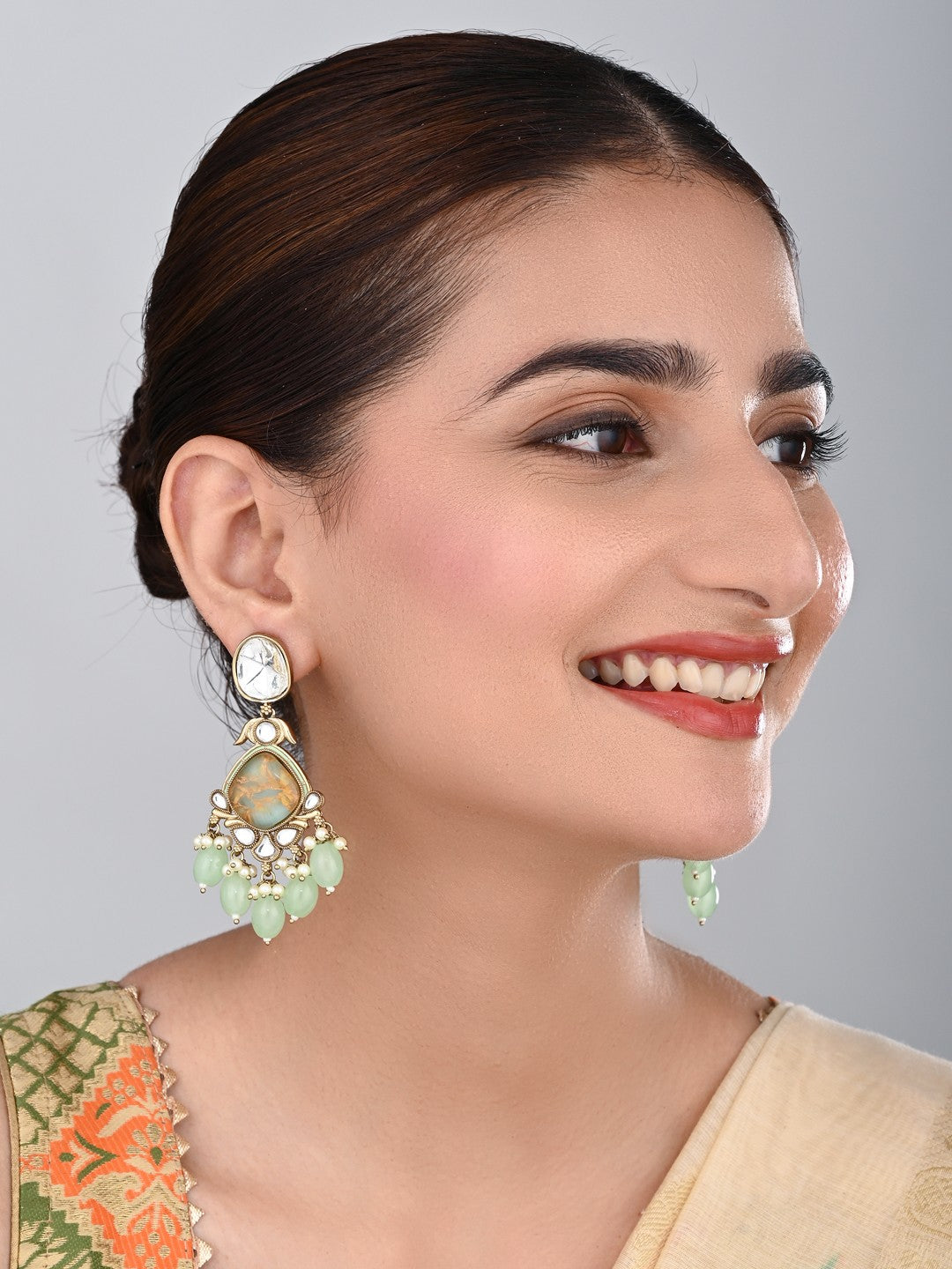 Gold plated two tone Pear shaped stone drop earring - Sage Green