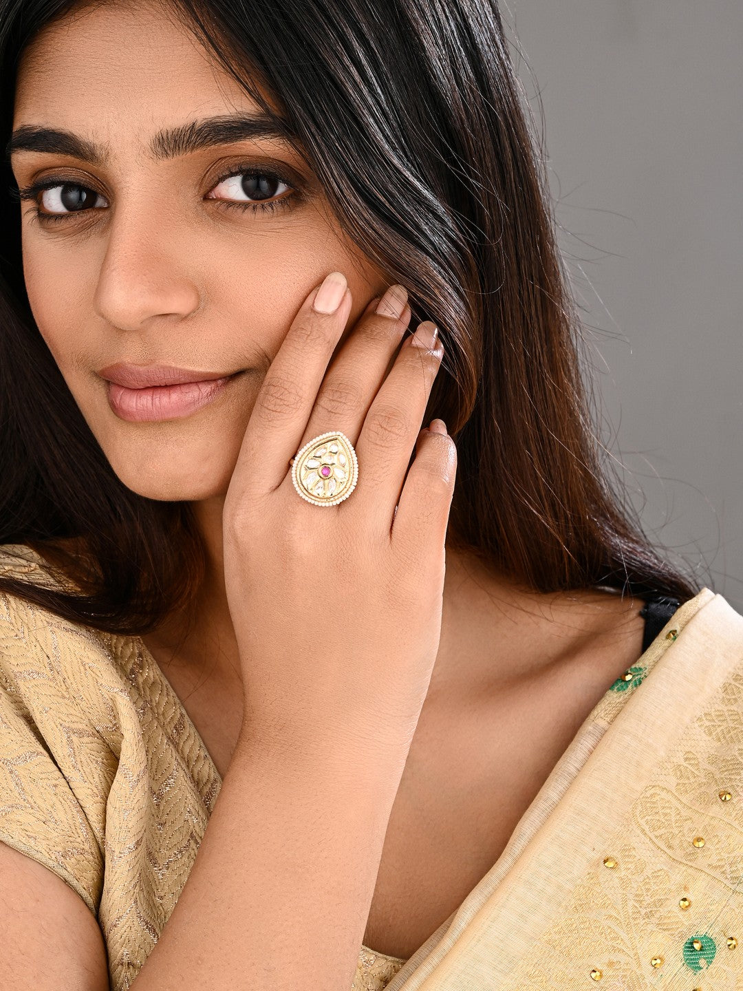 Teardrop Kundan Floral Pearl Brass Ring