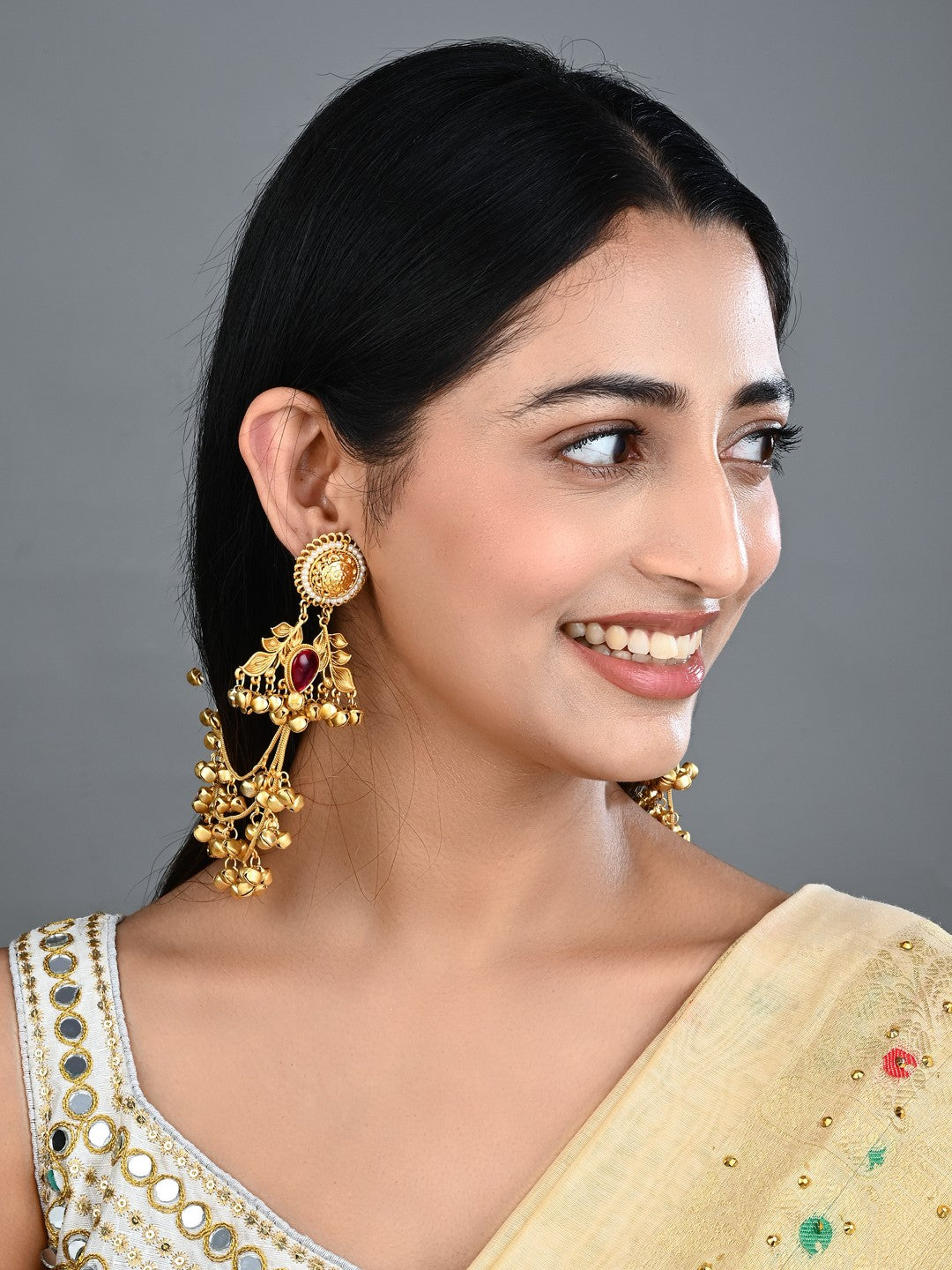 Gold plated Studs Earring with Ear chains Red