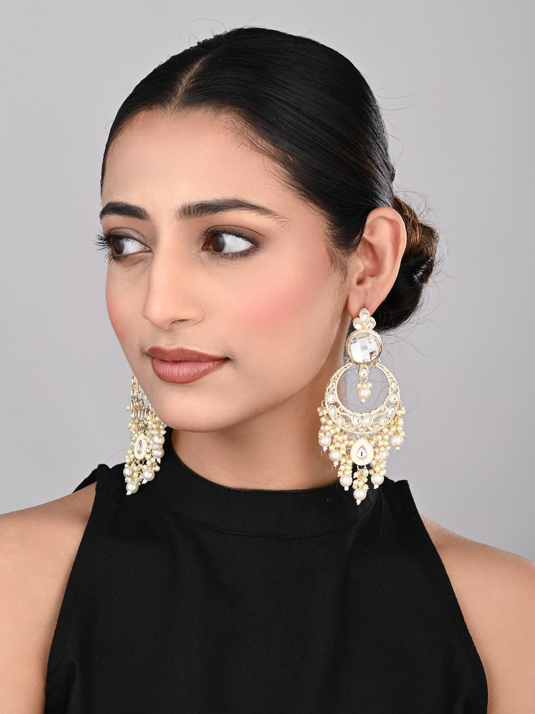 Kundan Pearl Chandbali Earrings Gold