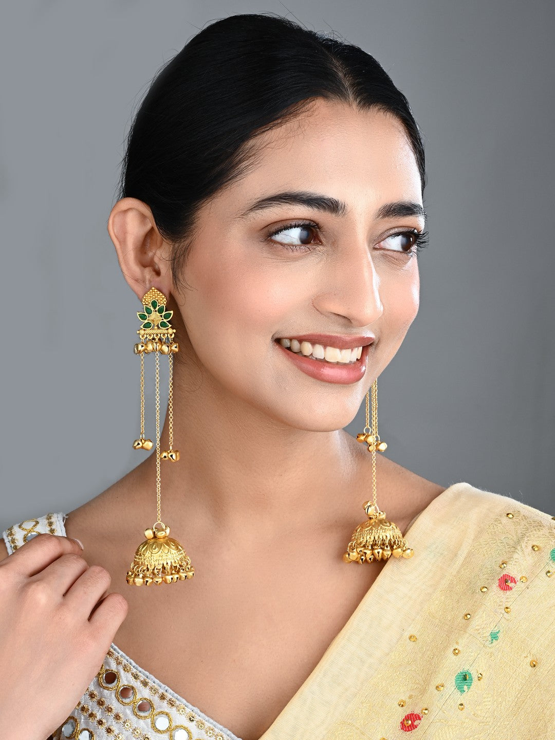 Floral Jhumka Earrings with Ghungroo Chain Tassels green