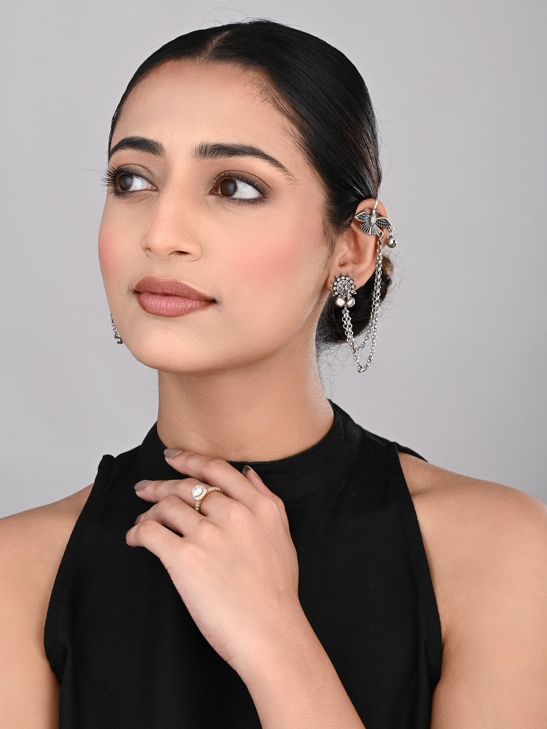 Oxidised Silver Bird Ear Cuff with Chains