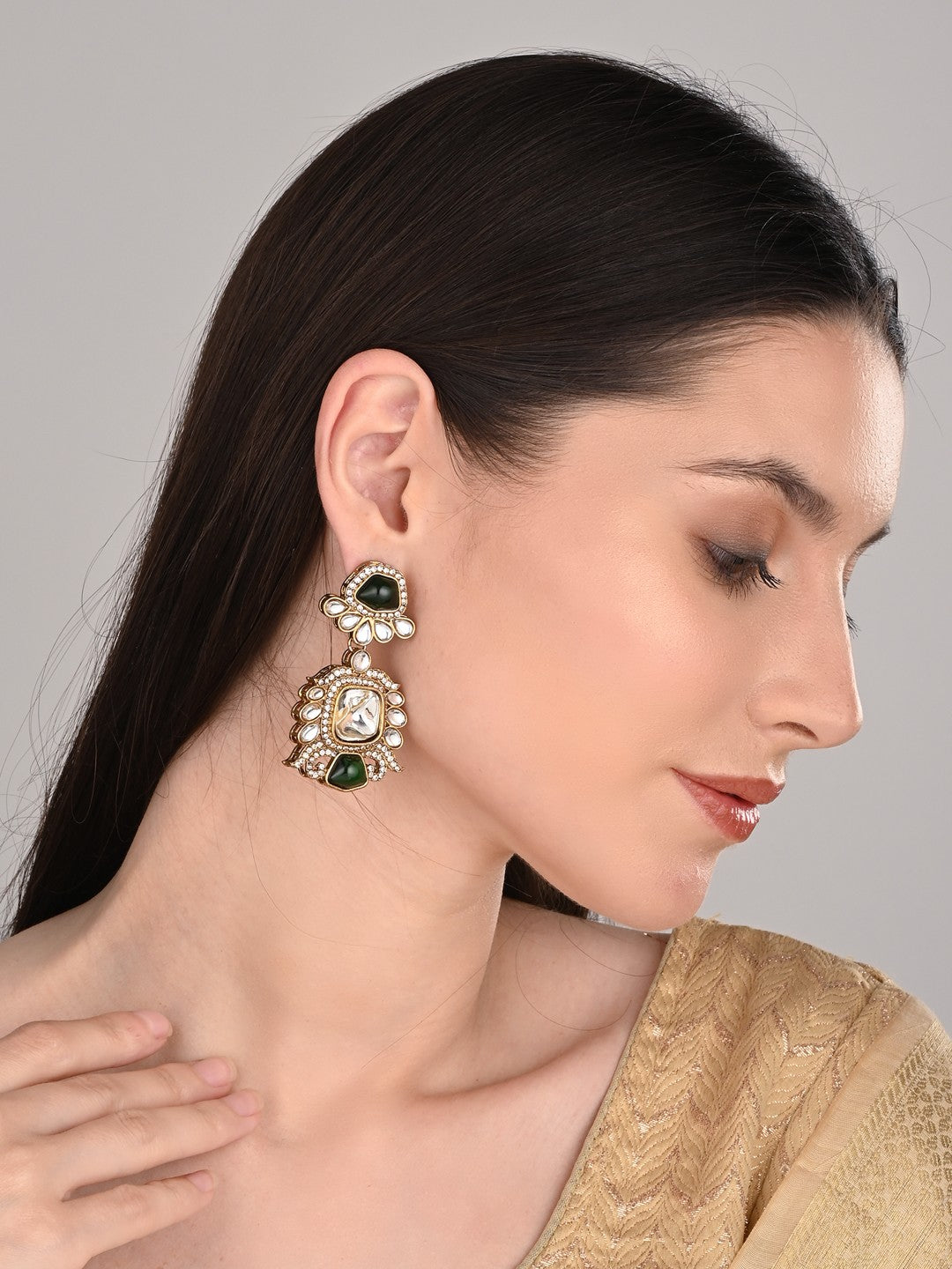 Gold plated kundan Pear shaped Drop Earrings Green
