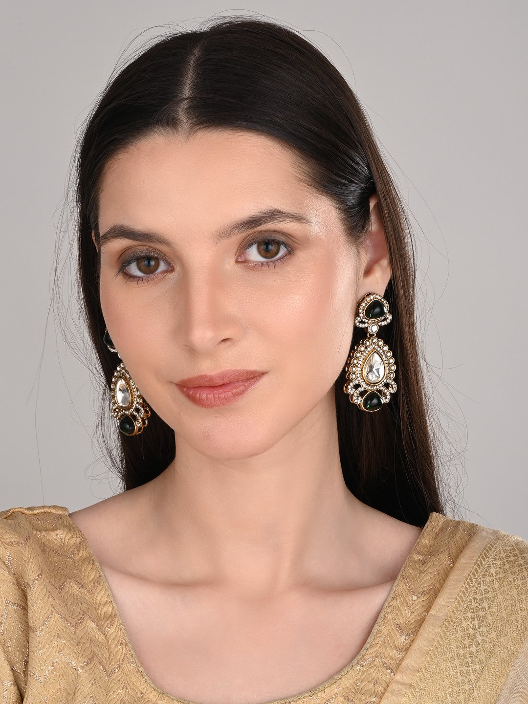 Gold plated kundan Drop Earrings Green