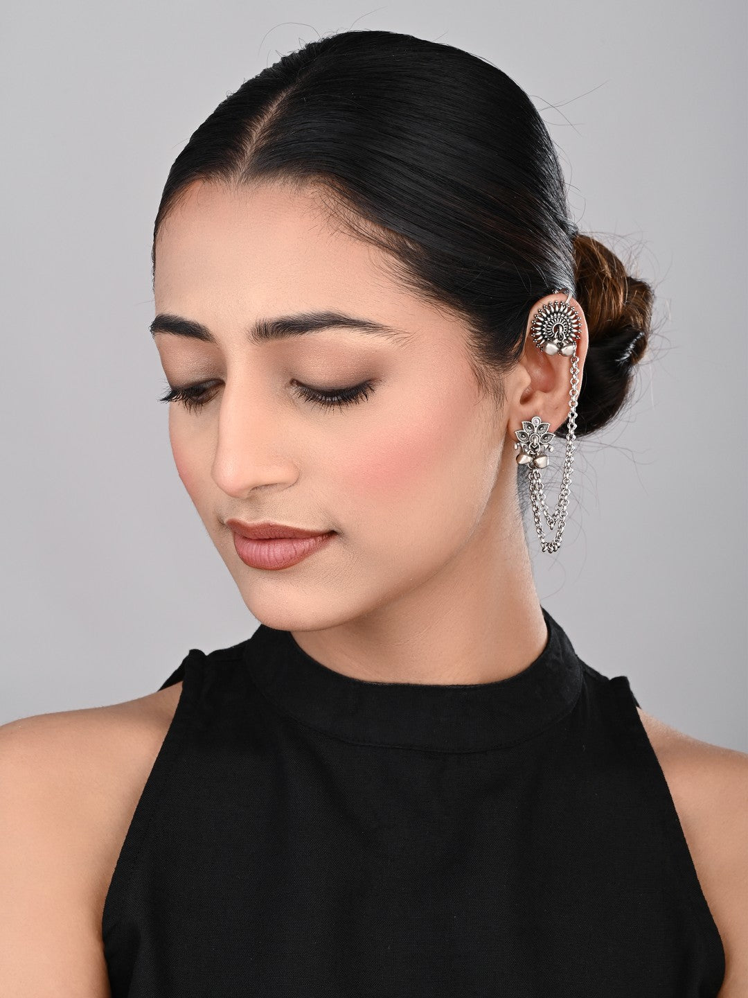 Oxidised Silver Ear cuff with Chains