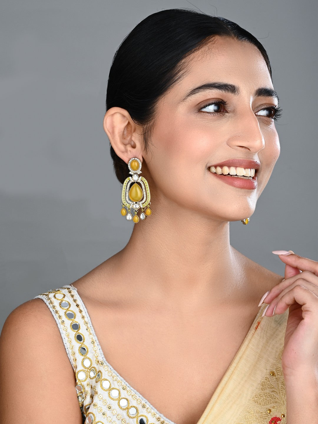 Elegant Crystal Teardrop Statement Earrings - Yellow