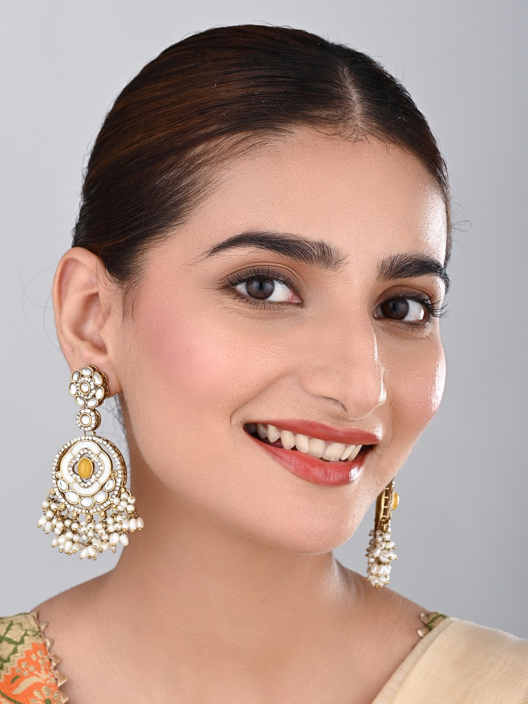 Cream & Citrine Chandbali Drop Earrings