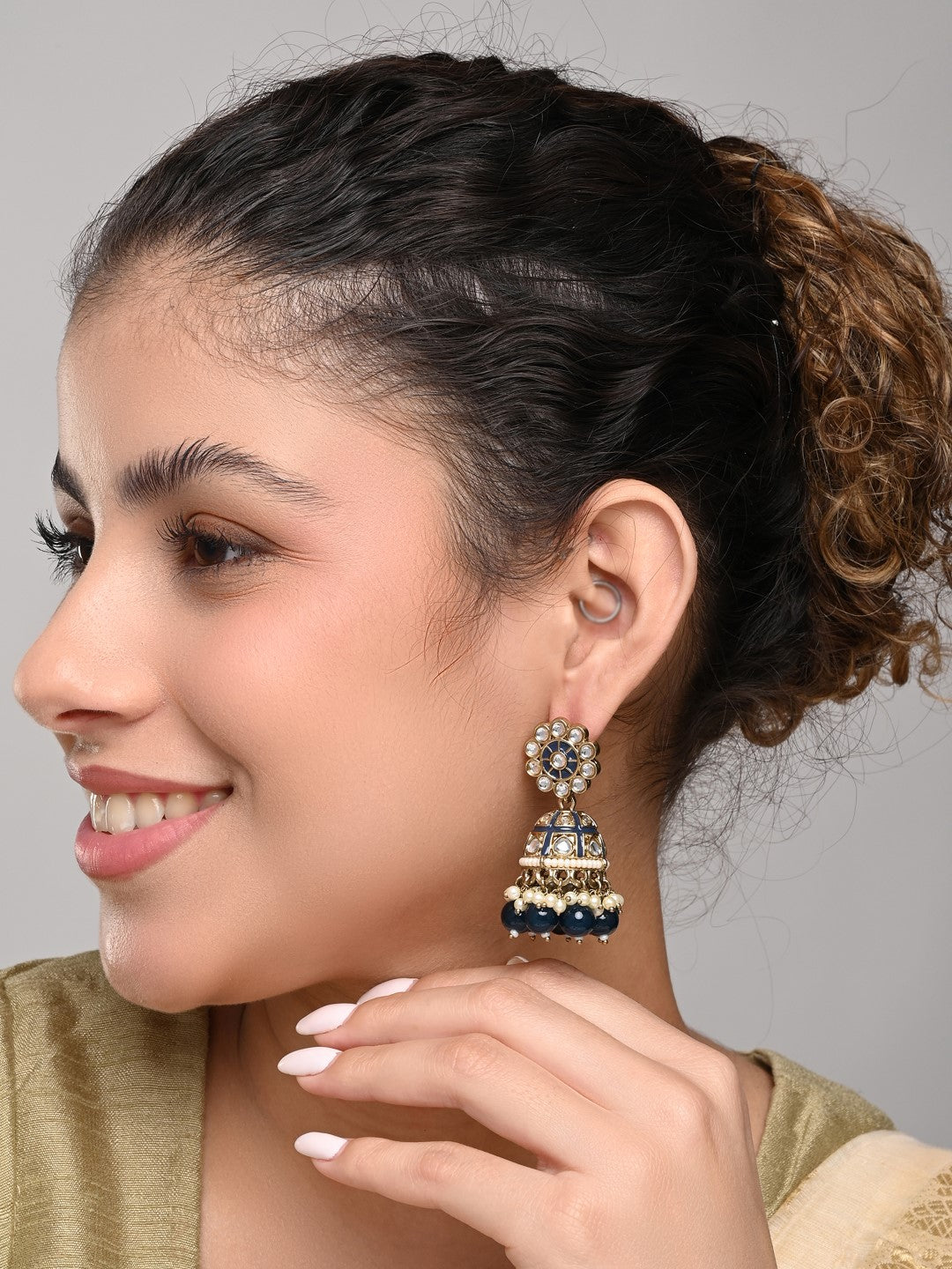 Gold plated kundan & Navy Meenakari Jhumka Earring
