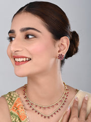 Gold Plated Delicate double layered Necklace Set - Red