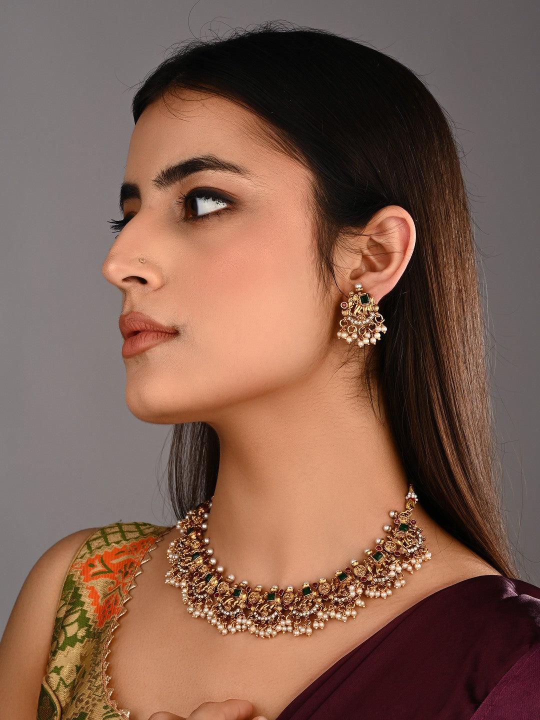 Green Pearl Filigree Elephant Necklace Earrings Set