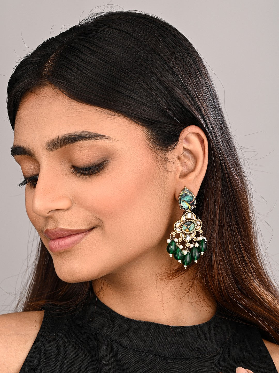 Gold-Plated Emerald Green Kundan Chandelier Earrings with Bead Drops
