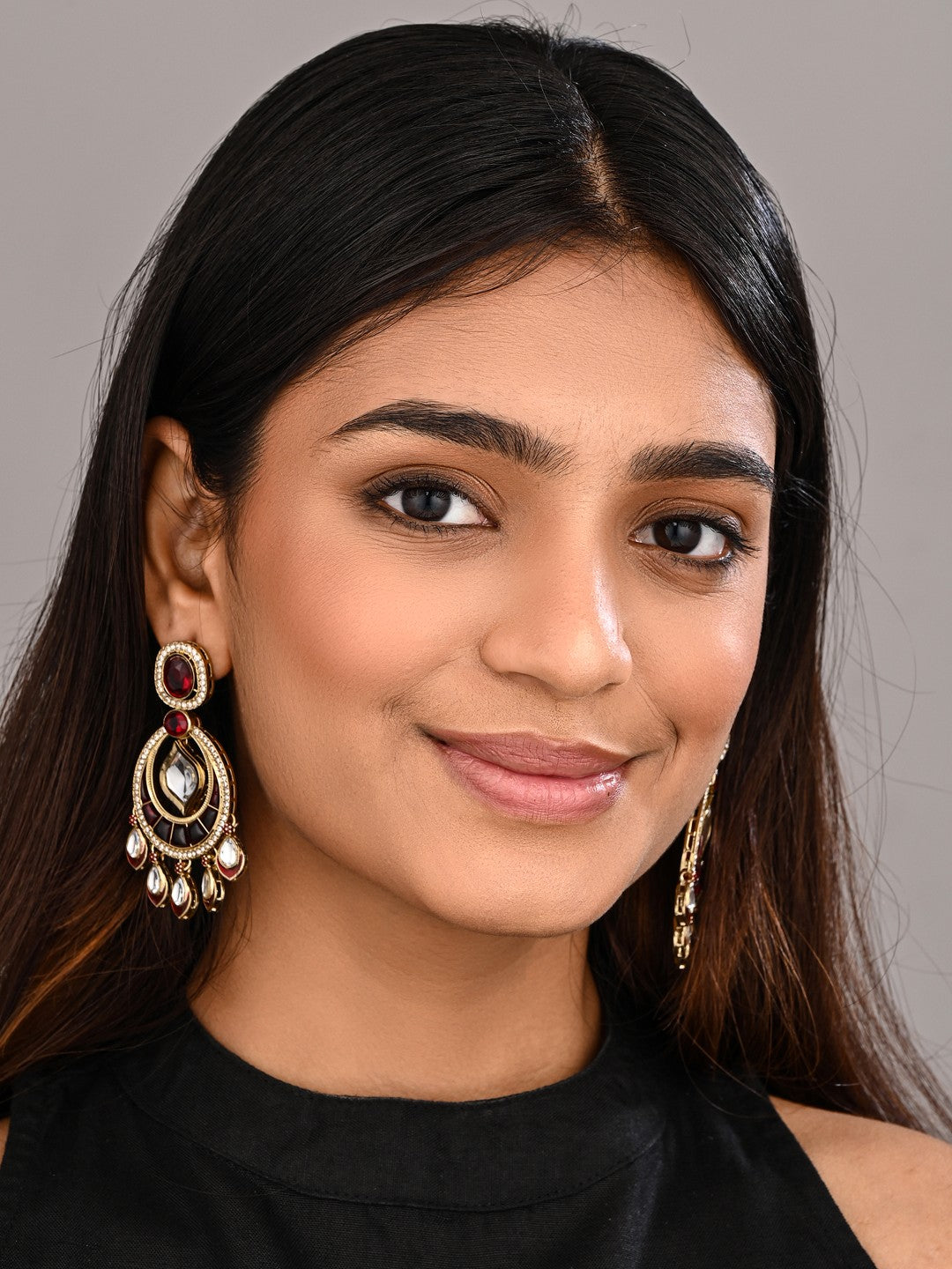 Kundan Chandbali Earrings with Teardrop Danglers- Red
