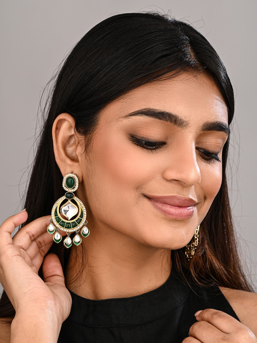 Kundan Chandbali Earrings with Teardrop Danglers- Green