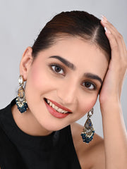 Gold plated two tone stone drop earring - Blue