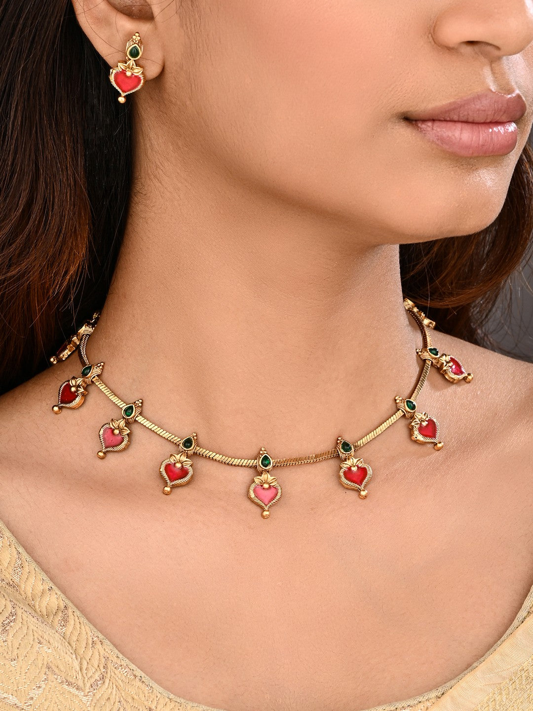 Red Meenakari Floral Alloy Necklace Set