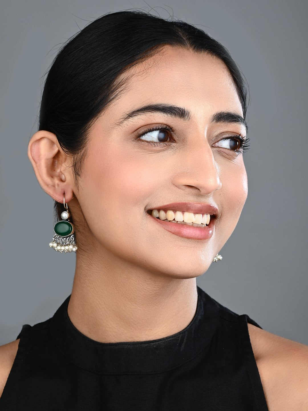 Green Stone Pearl Fringe Drop Earrings