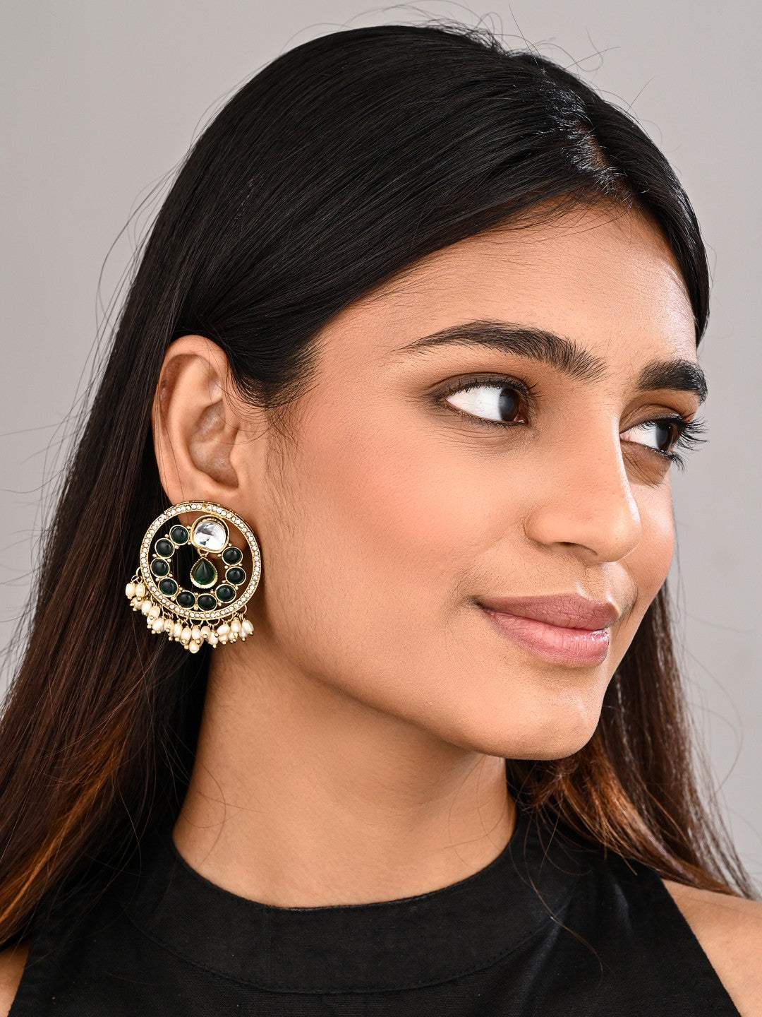 Regal Kundan Pearl Chandbali Earrings - Green