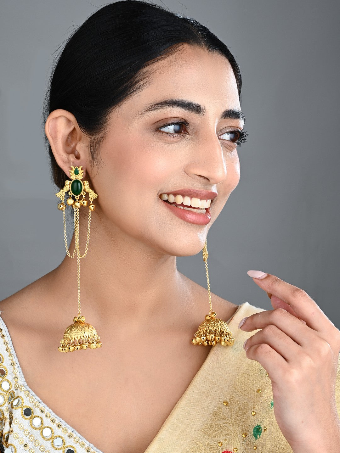 Emerald Green Temple Jhumka Earrings with Chain Tassels