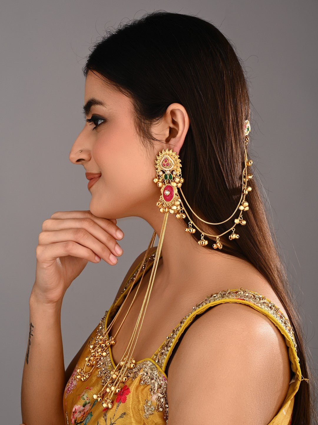 Gold plated, long Kashmiri earring with Ear chains