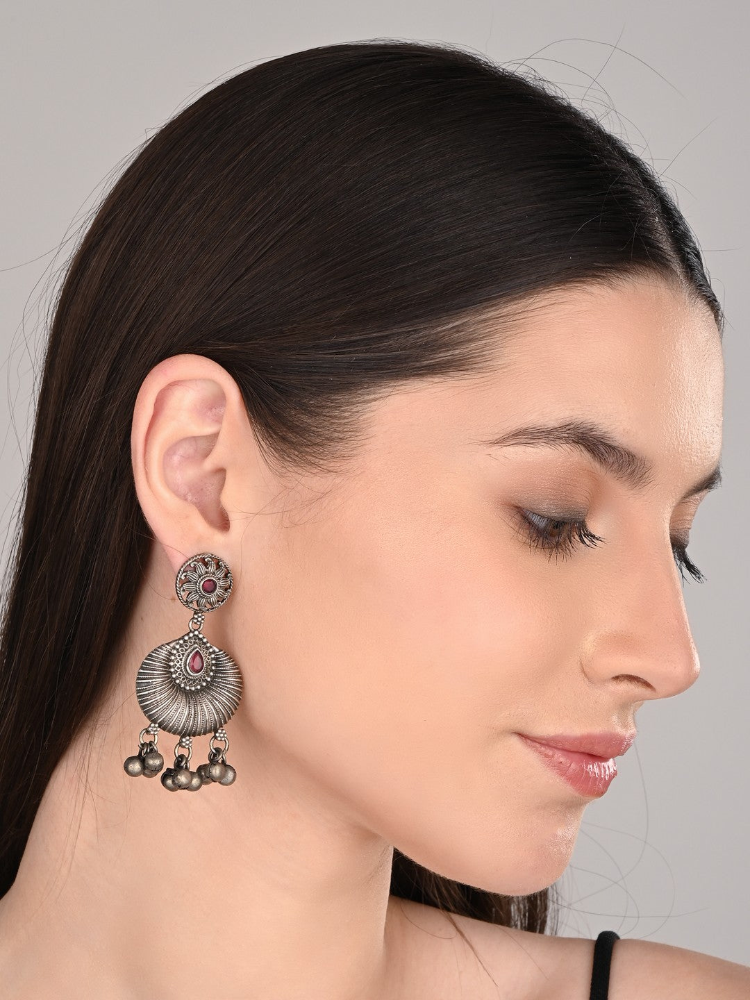 Silver oxidised finish chandbali Red