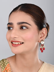 Gold plated Kundan & Pearl drop Earrings- Red