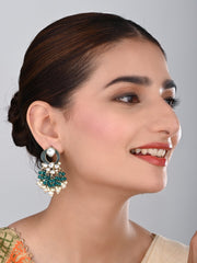 Gold-Plated Meenakari Stud Earrings with Kundan & Pearl Cluster drops - Teal