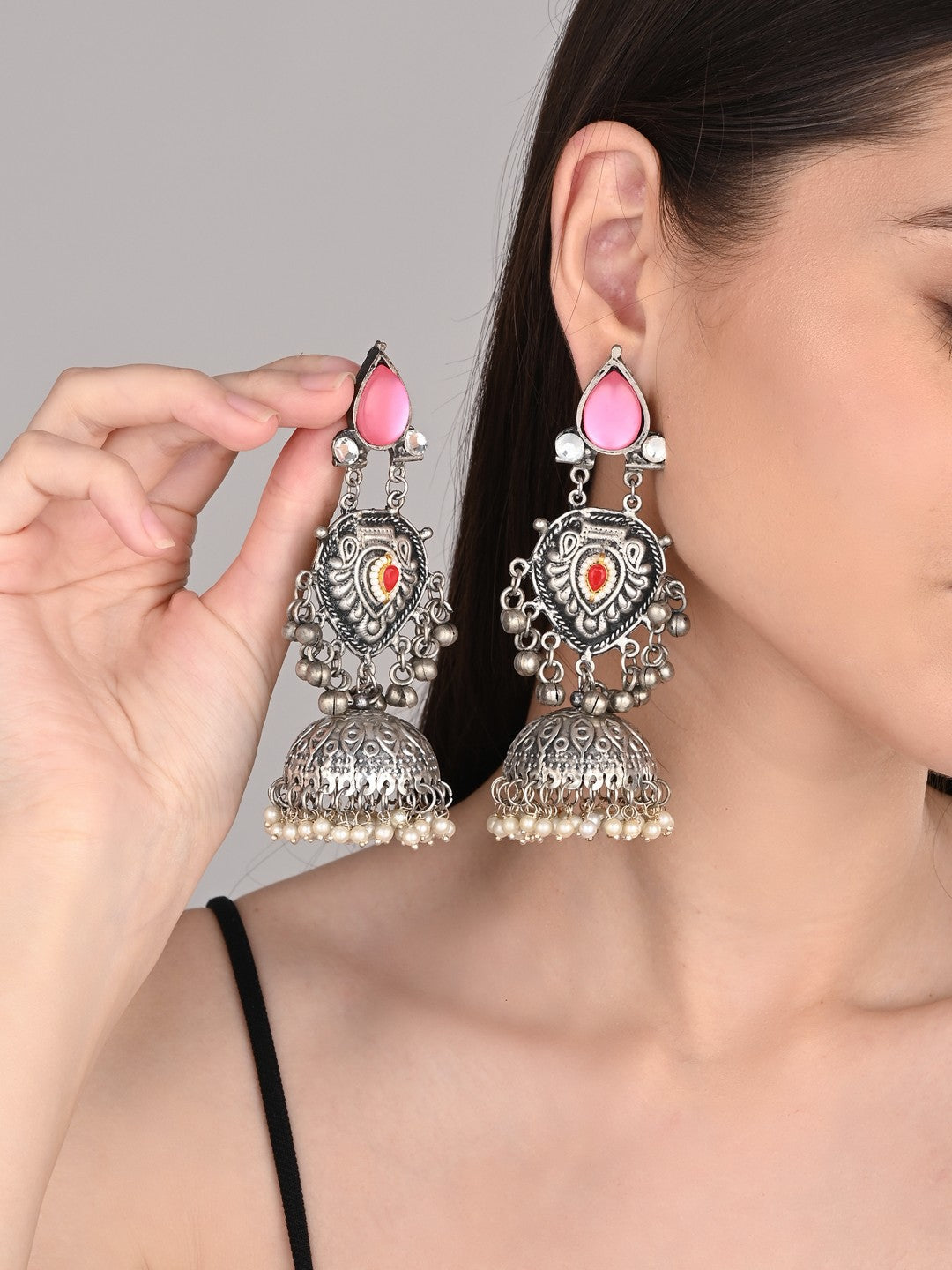 Silver oxydised lightweight long Jhumka Earring - Pink