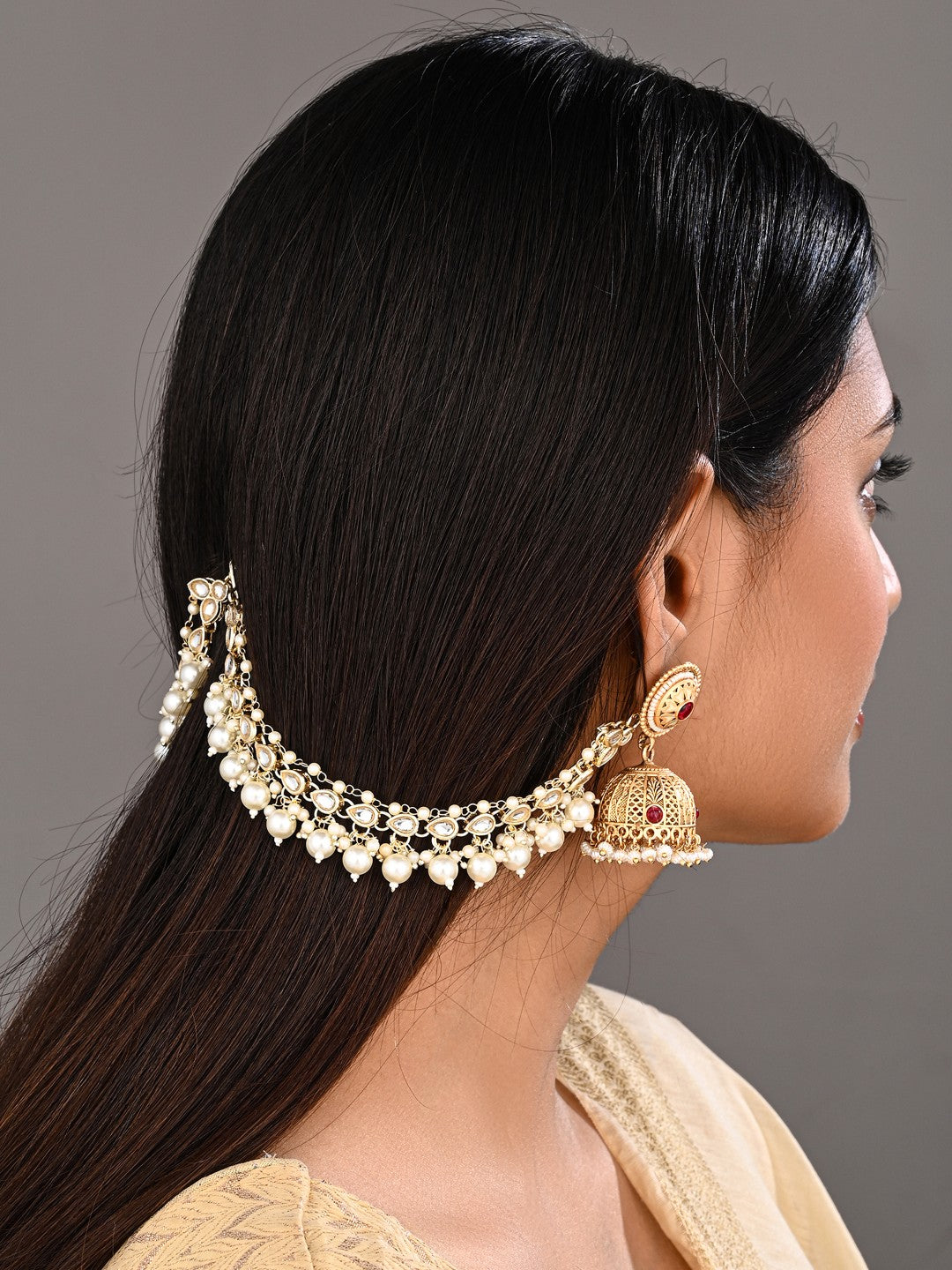 Elegant Gold-Plated Kundan & Pearl Ear Chains