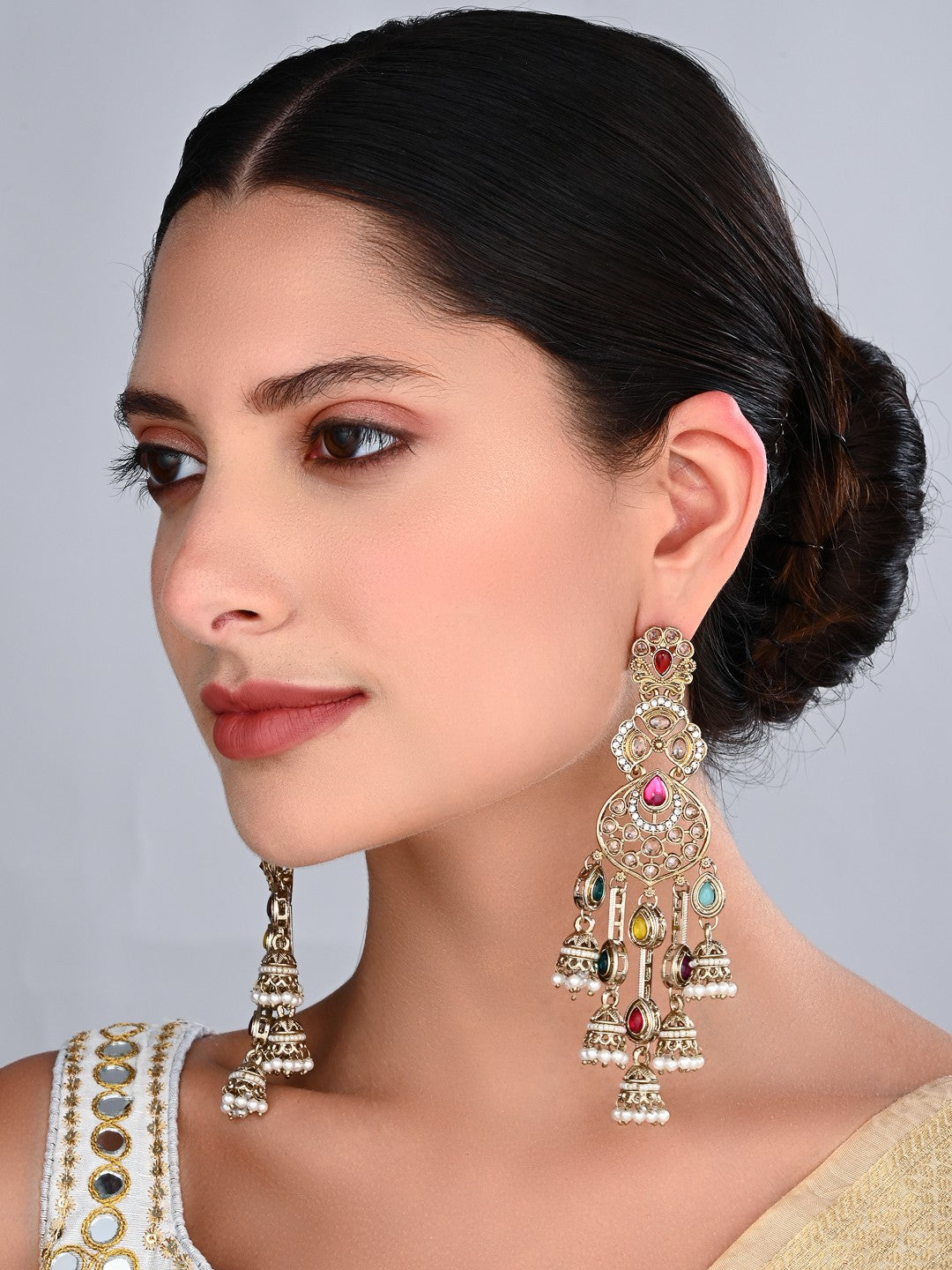 Gold-Toned Multicolour Kundan Chandelier Earrings