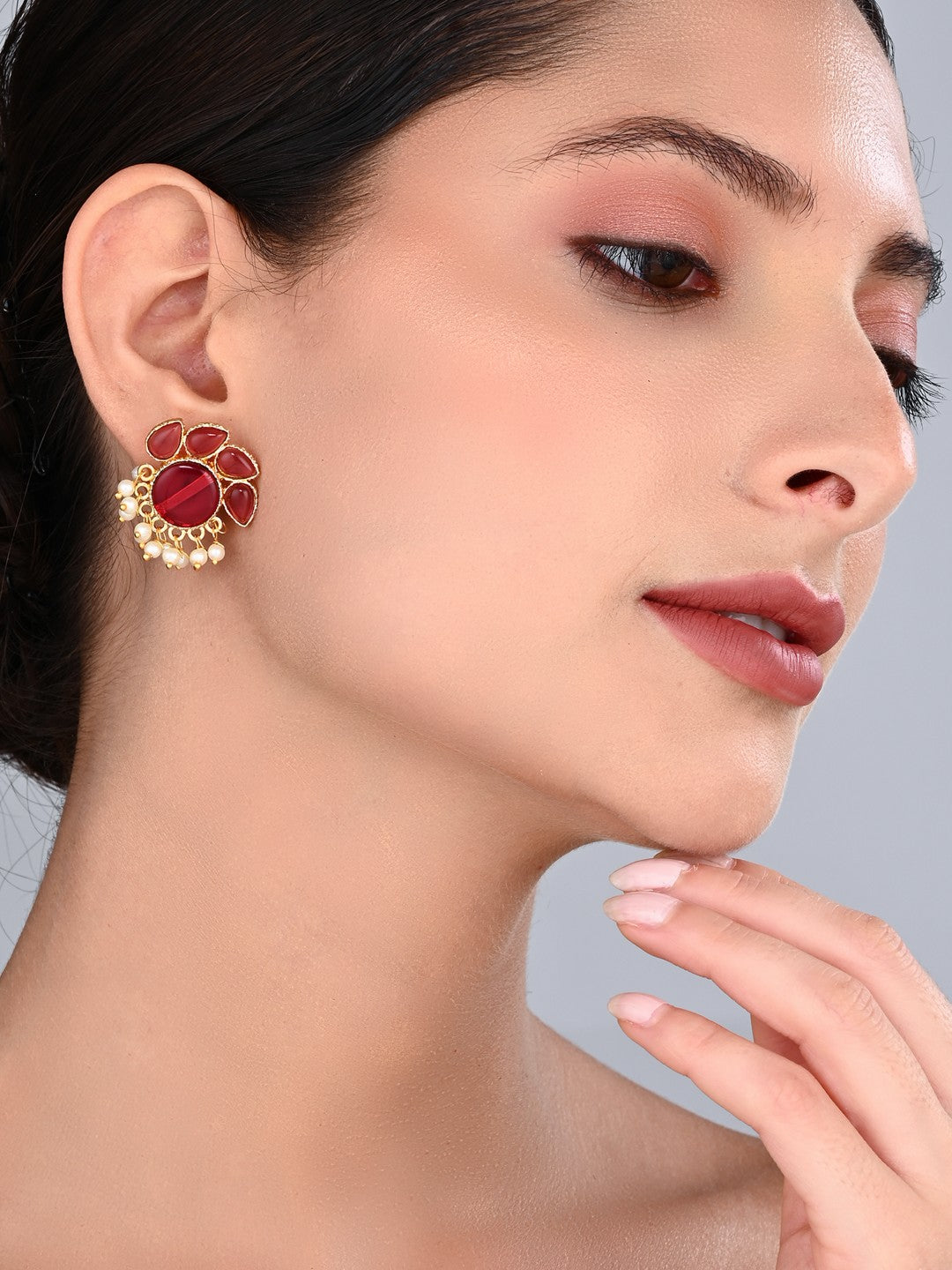 Stone Gold-Toned Earrings with Pearl Drops - Red