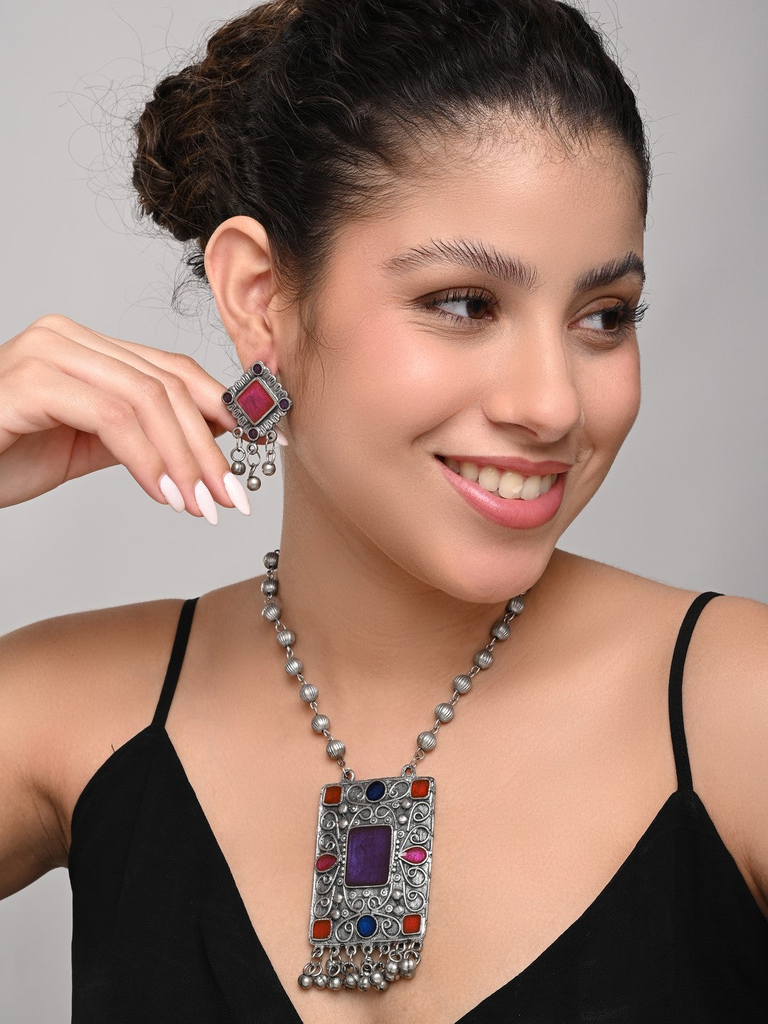 Silver Oxydised finish Pendant necklace set
