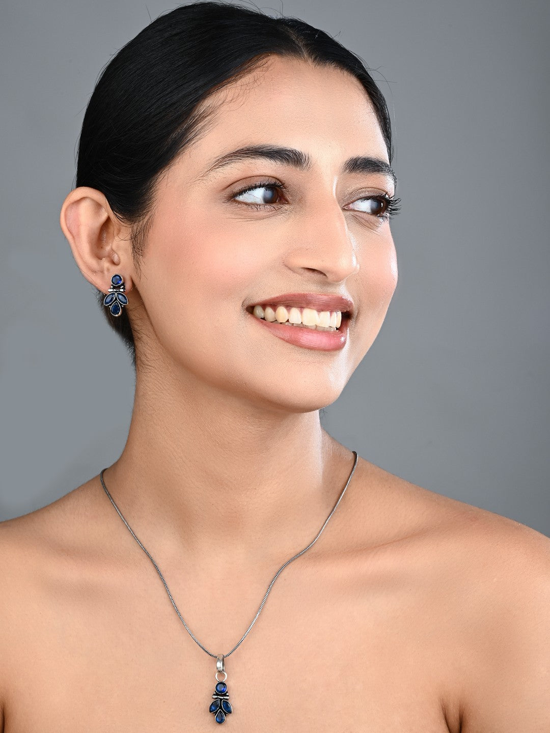 Elegant Crystal Pendant Necklace Set with Matching Drop Earrings - Navy