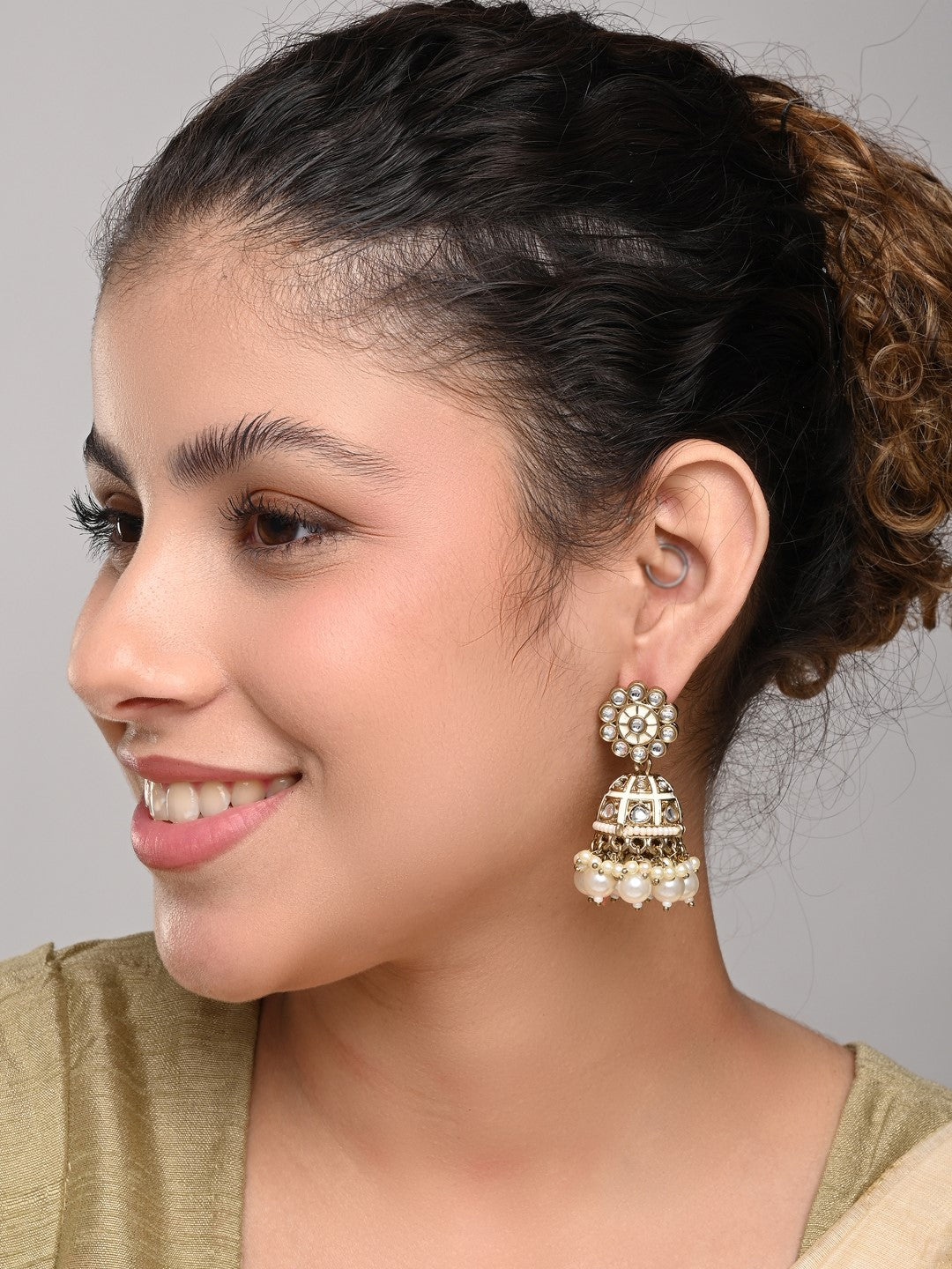 Gold plated kundan & White Meenakari Jhumka Earring