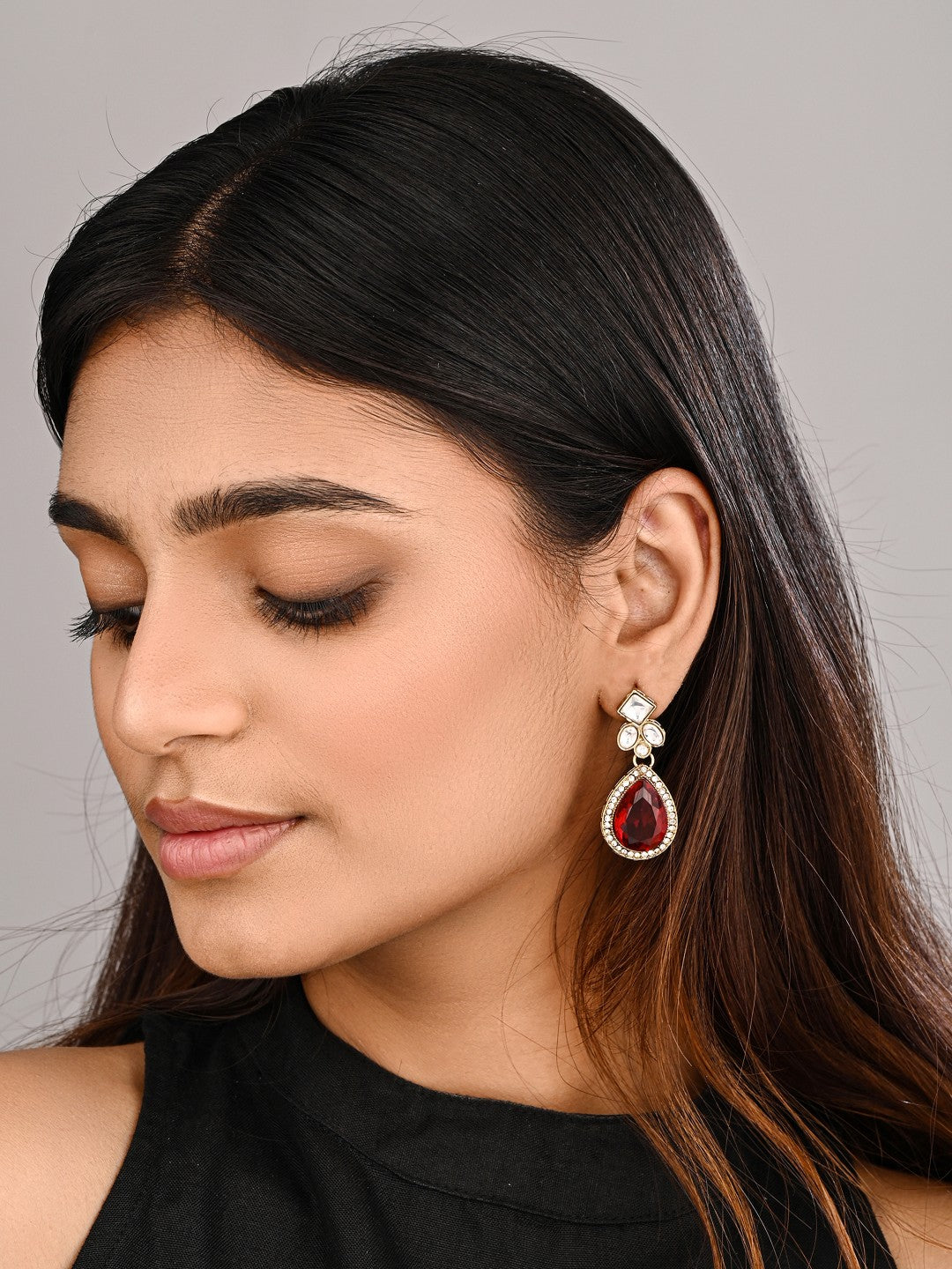 Gold-Toned Teardrop Kundan Crystal Drop Earrings for Women Pink
