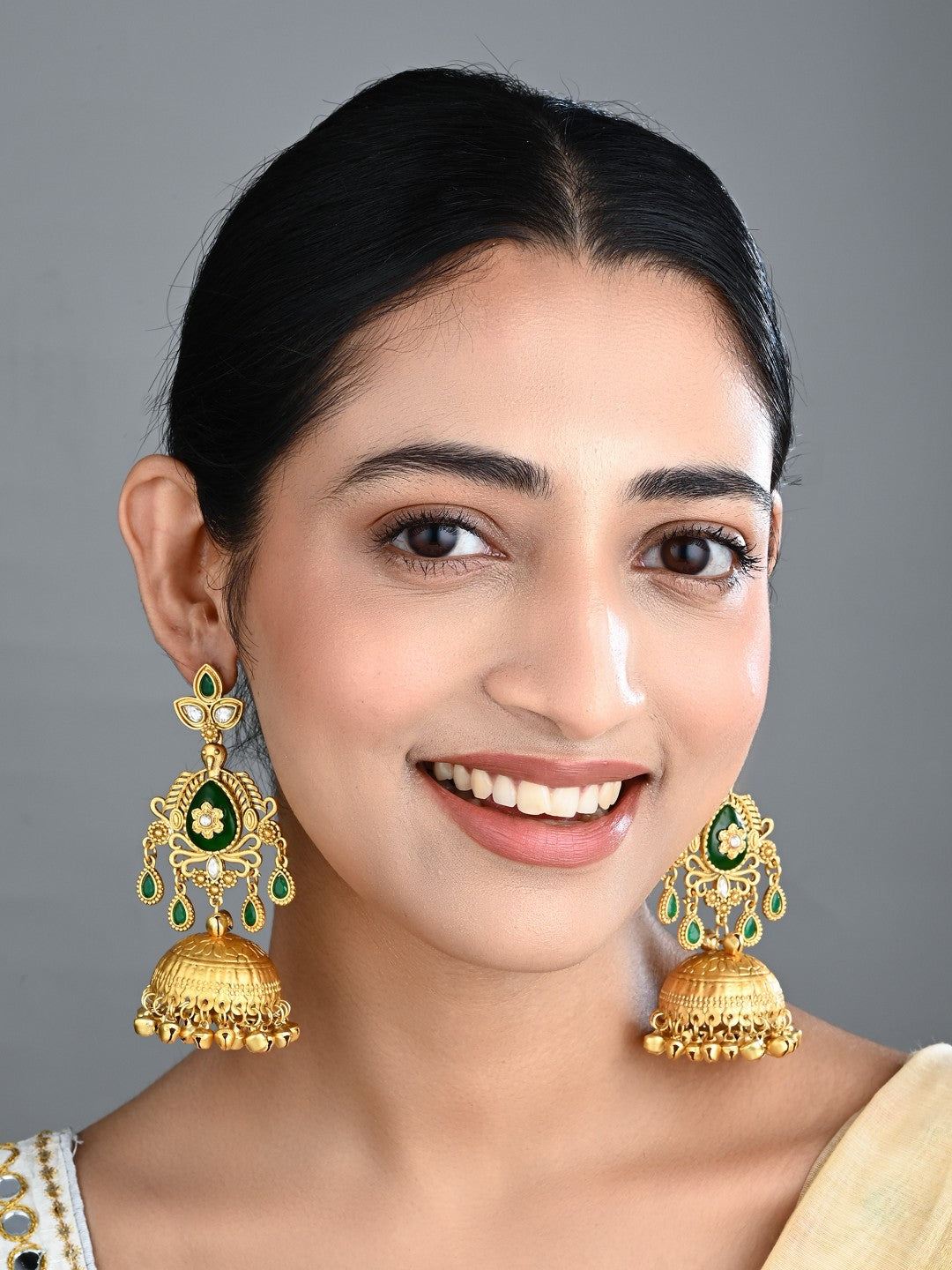 Emerald Green Temple Jhumka Earrings with Ghungroo Drops