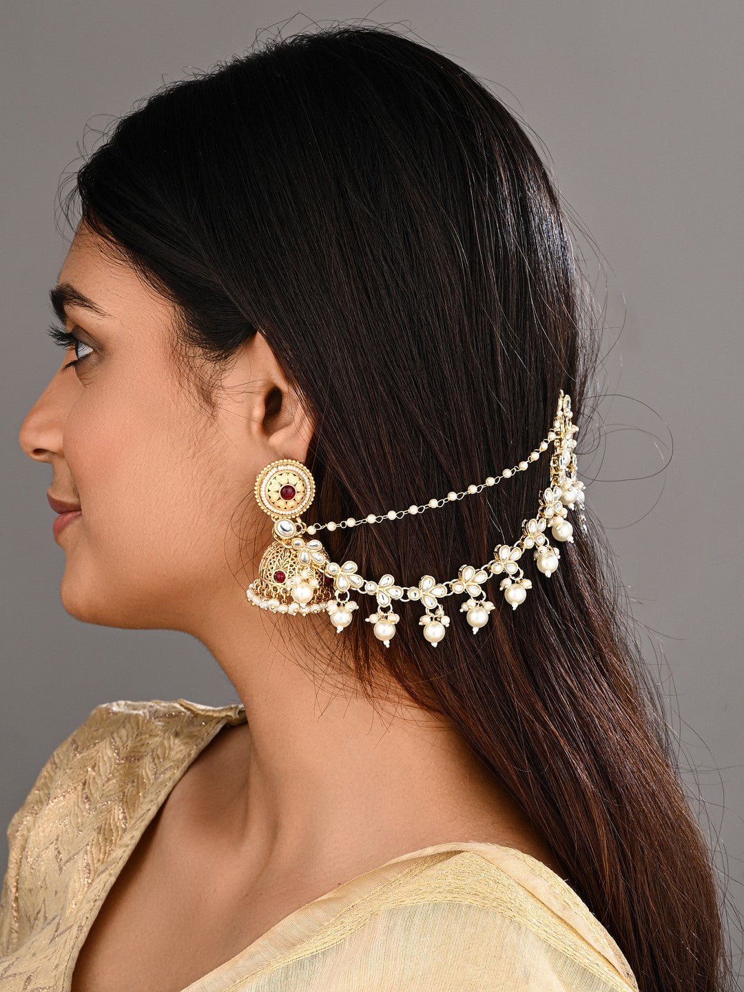 Elegant Gold-Plated Kundan Pearl Delicate Ear Chains
