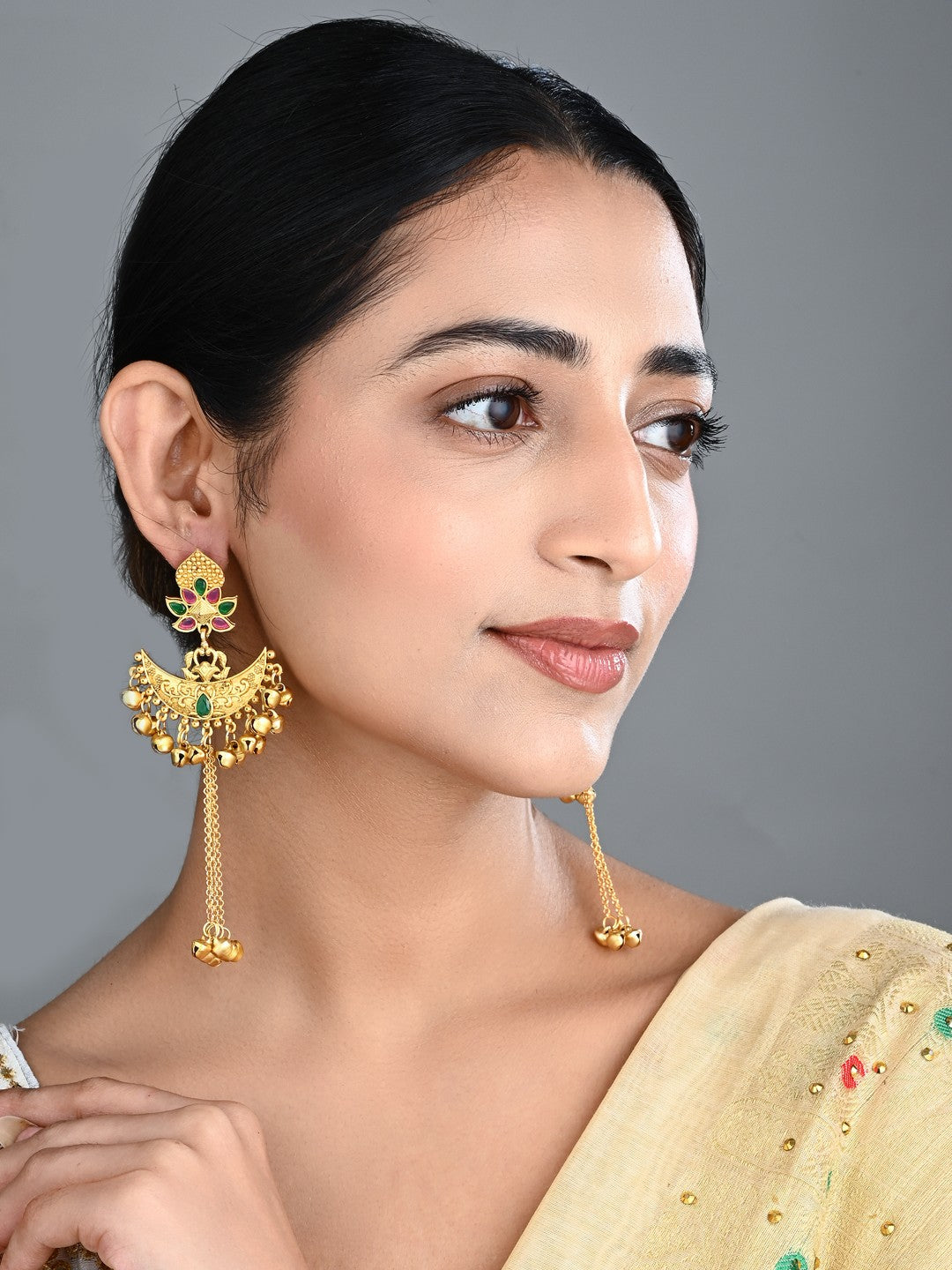 Multicolor Temple Chandbali Earrings with Ghungroo Chain Tassels