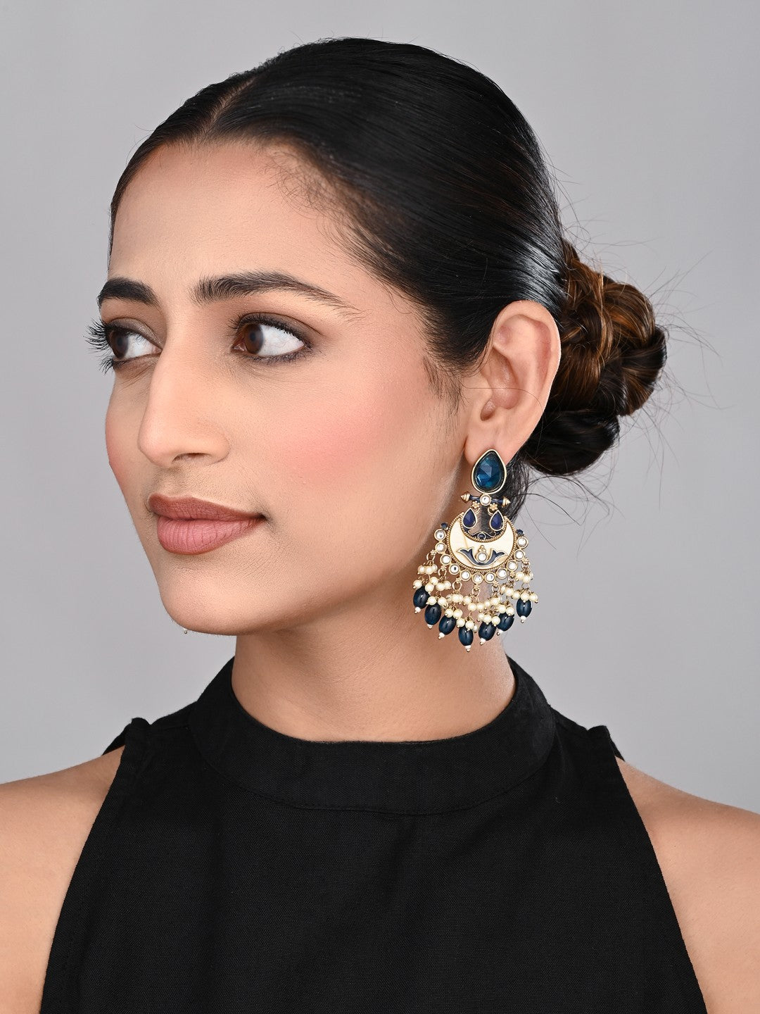 Gold-Plated Meenakari Stud Earrings with Kundan & Pearl Cluster drops - blue