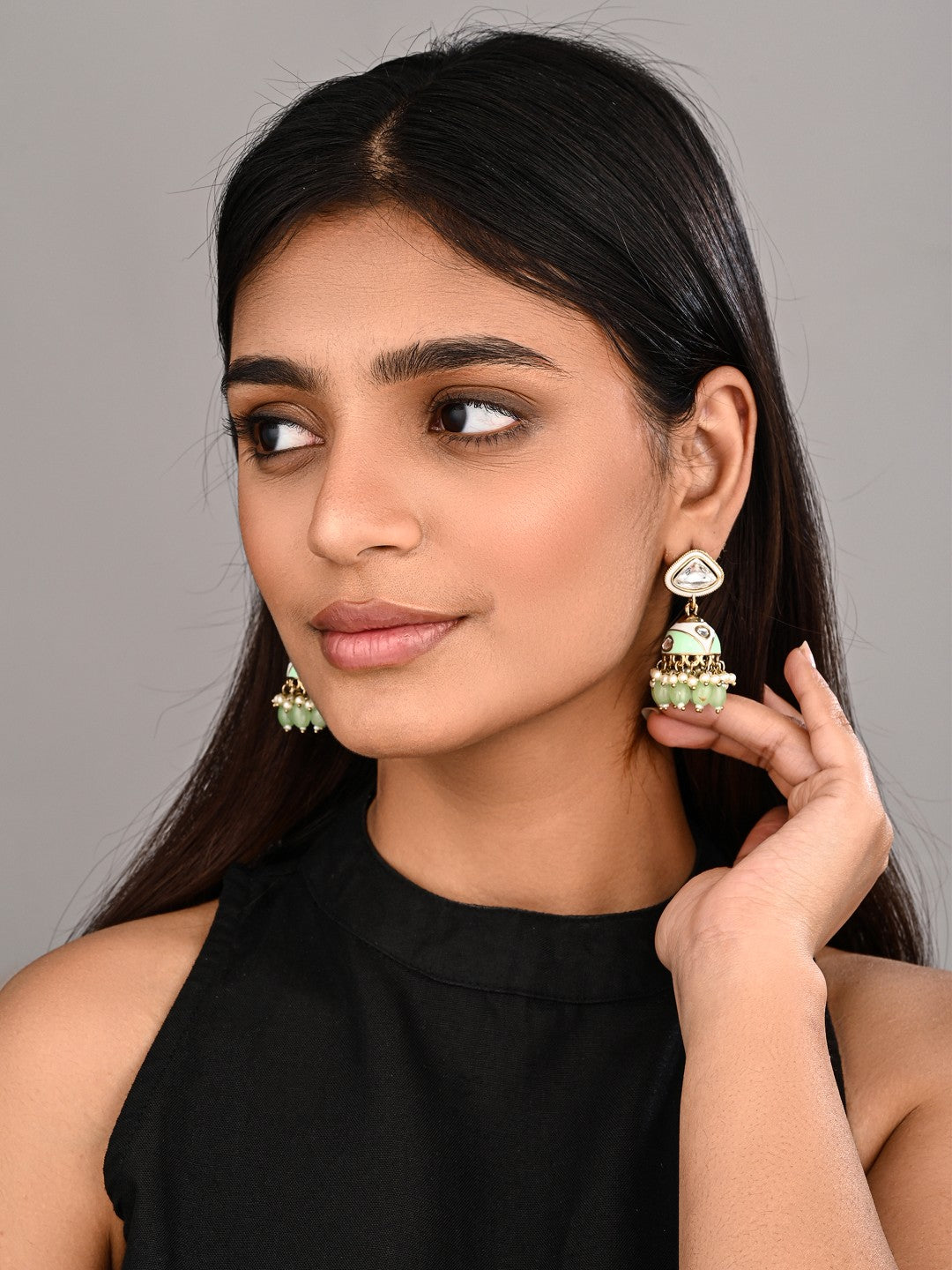 Enamelled Jhumka Earring - Sage green