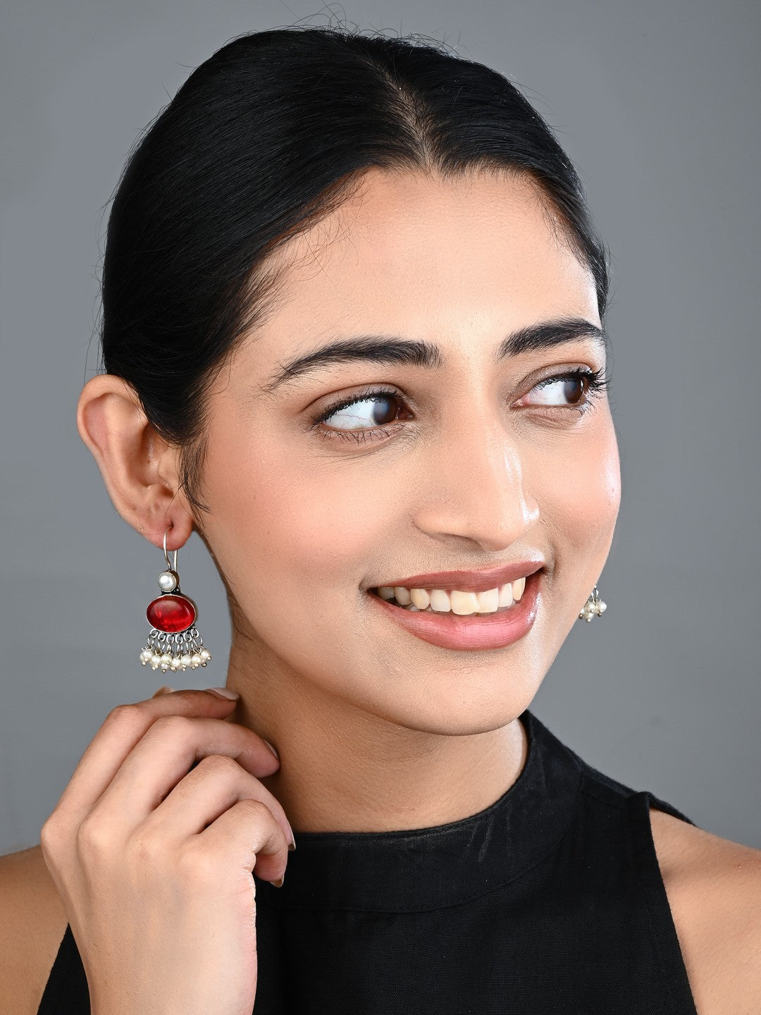 Red Blue Stone Pearl Fringe Drop Earrings