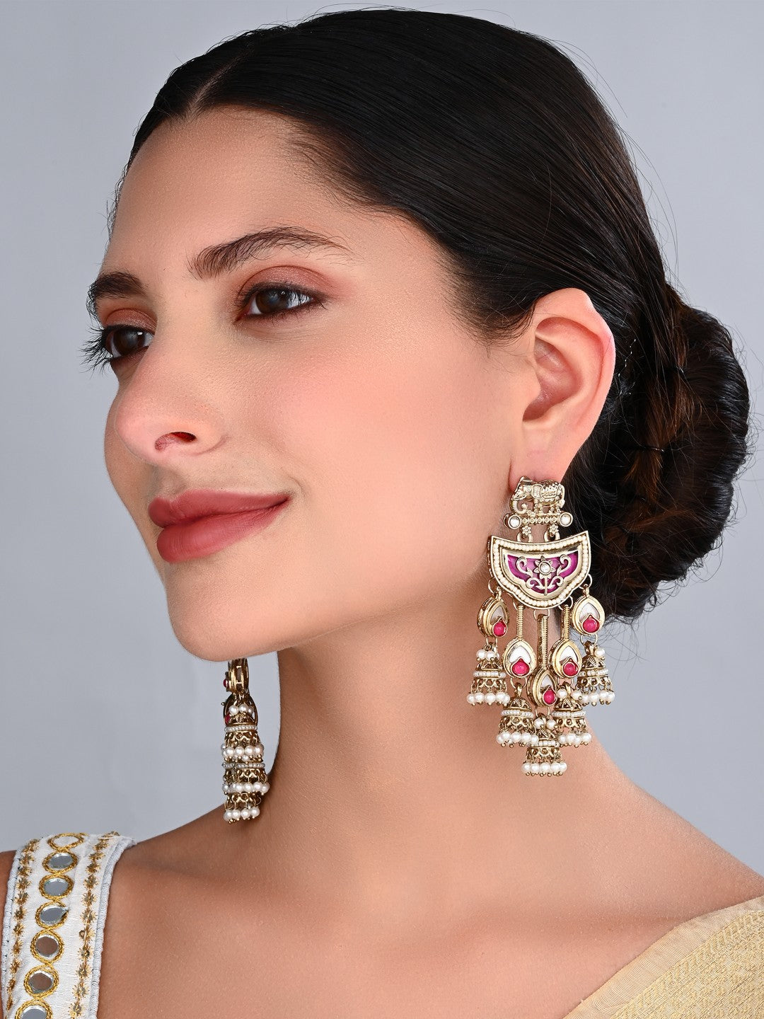 Gold-Toned MOP Chandelier Earrings with Jhumka Drops Pink