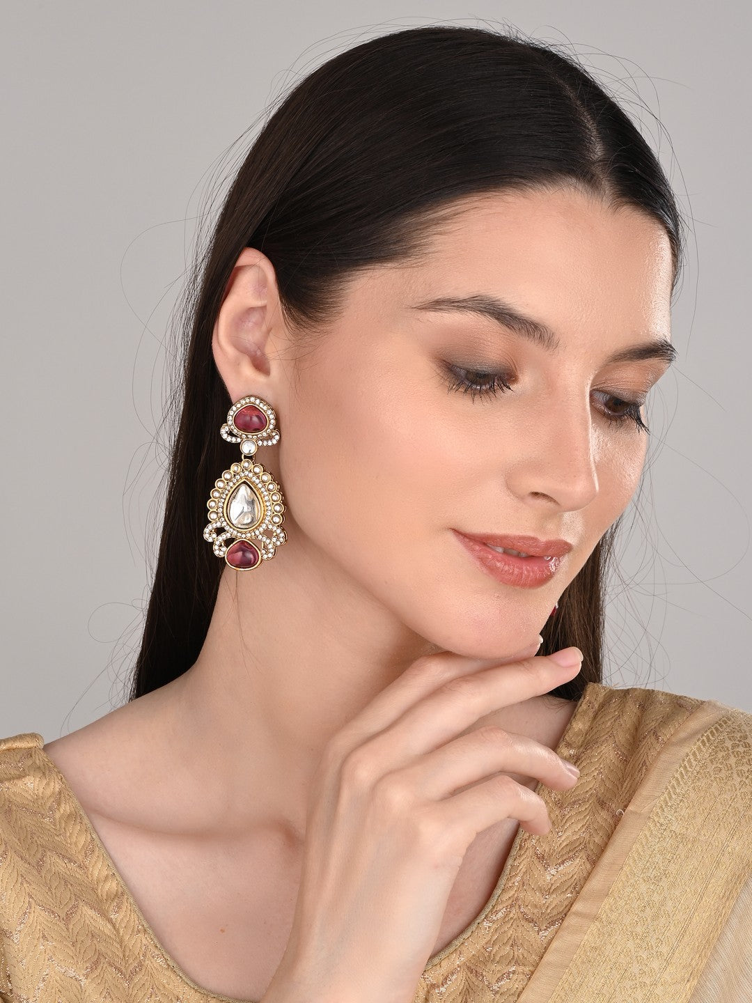 Gold plated kundan Pear shaped Drop Earrings Pink